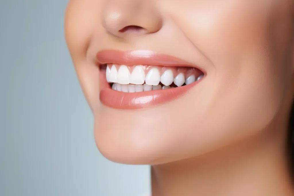 Close-up of a person smiling, showing bright white teeth and pink lips