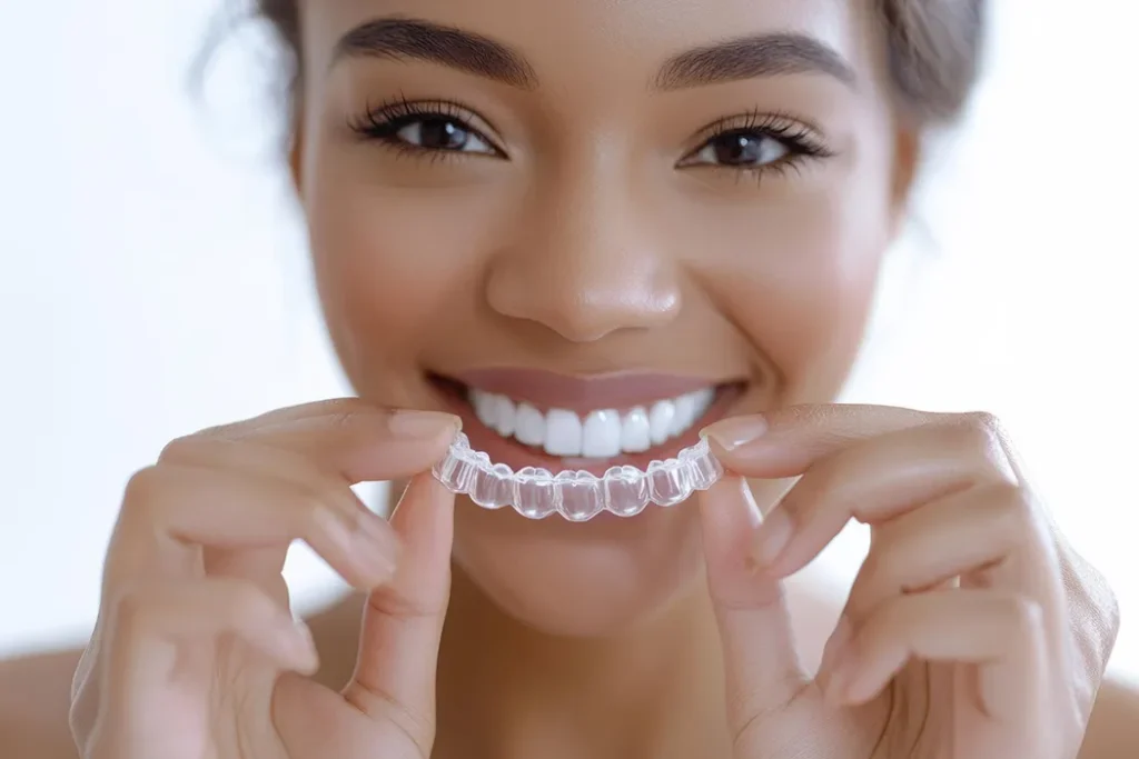 Woman smiling while holding a clear orthodontic aligner between her fingers, showing her teeth.